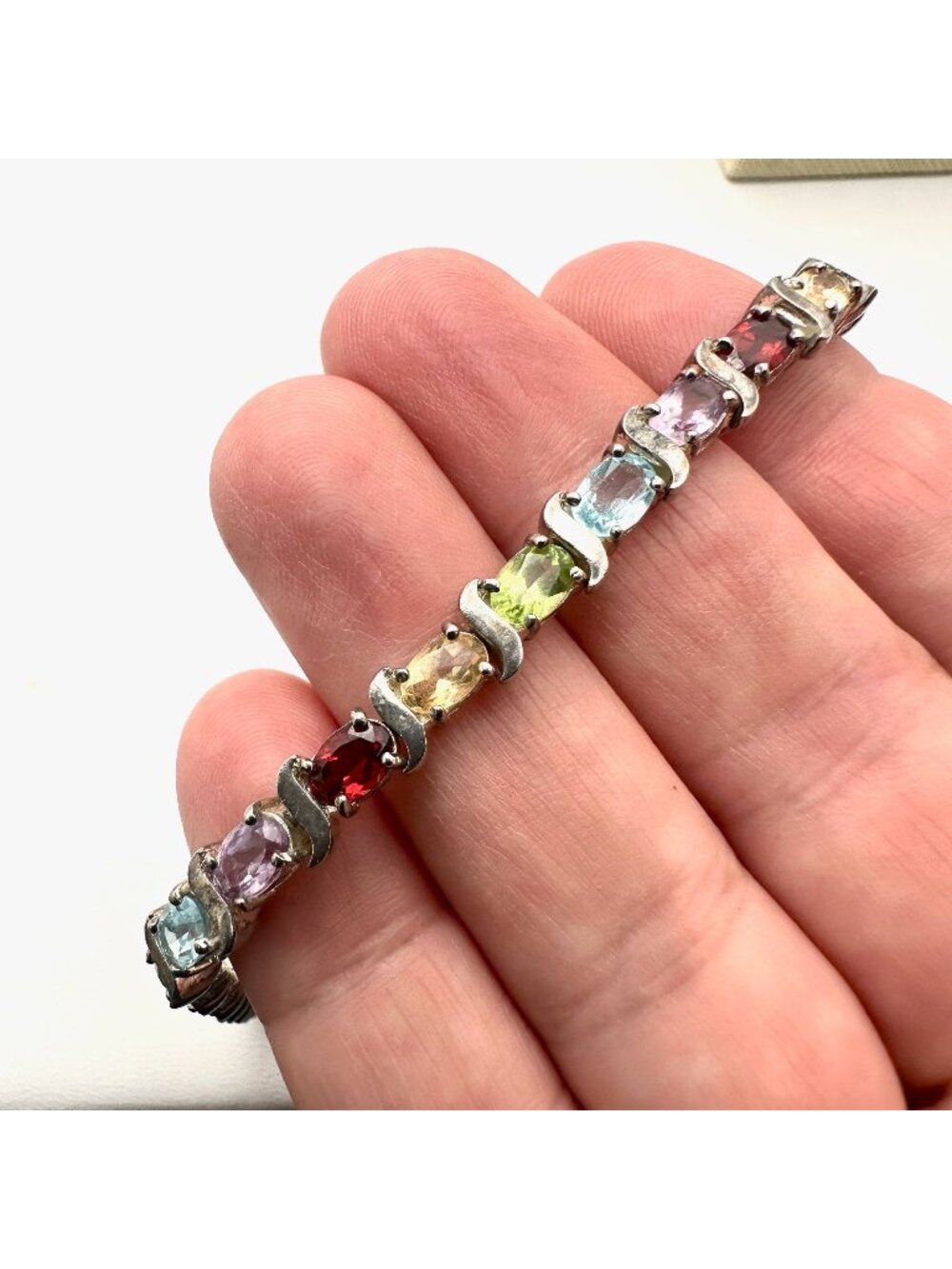 Multi Gemstone Sterling Silver Tennis Bracelet 7 Inch